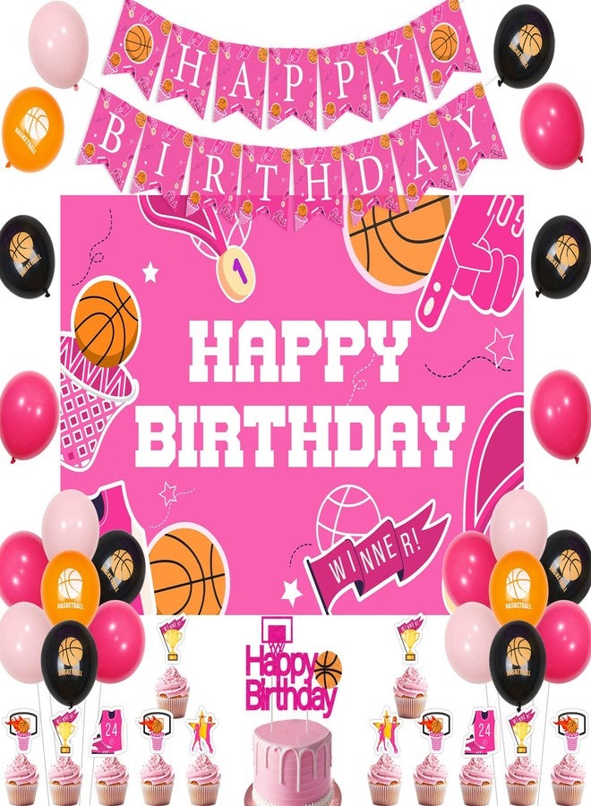 Balterever Pink Basketball Birthday Decorations for Girls Basketball Happy Birthday Banner Pink Basketball Backdrop Basketball Birthday Cupcake Toppers for Sport Theme Birthday Party Supplies - Image 1