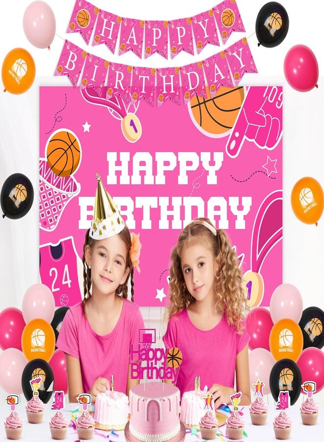 Balterever Pink Basketball Birthday Decorations for Girls Basketball Happy Birthday Banner Pink Basketball Backdrop Basketball Birthday Cupcake Toppers for Sport Theme Birthday Party Supplies - Image 3