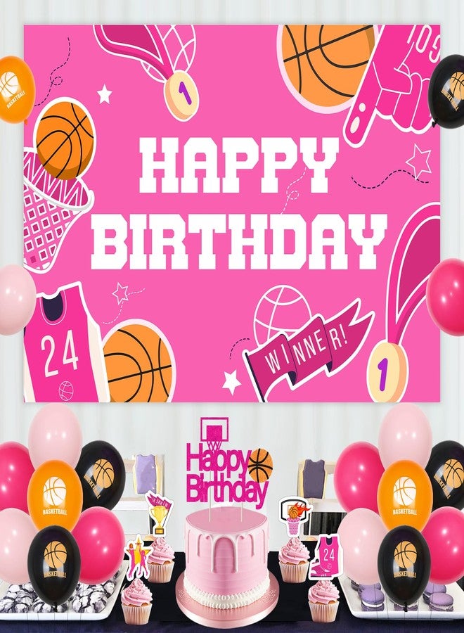 Balterever Pink Basketball Birthday Decorations for Girls Basketball Happy Birthday Banner Pink Basketball Backdrop Basketball Birthday Cupcake Toppers for Sport Theme Birthday Party Supplies - Image 2
