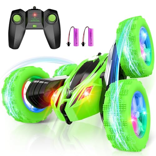 Qumcou Remote Control Car for Boys 47RC Cars Toys for Ages 57 24Ghz Fast DoubleSided 360Rotating Toy Cars with Headlights and Wheel Lights Christmas Birthday Gifts for Boys Age 612 Green - Image 1