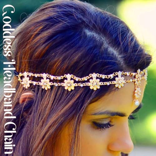 Yalice Indian Flower Head Chain Jewelry Gold Crystal Headband Elastic Goddess Headpieces Rhinestone Wedding Hair Chain Jewelry for Women(Gold-1) - Image 3