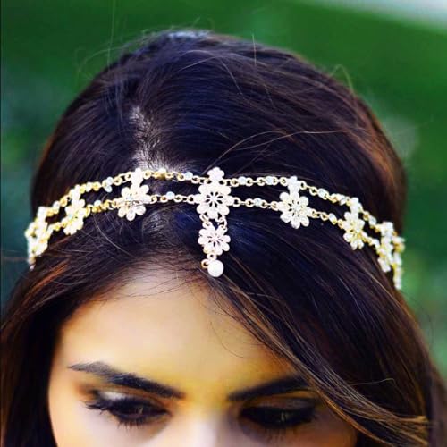 Yalice Indian Flower Head Chain Jewelry Gold Crystal Headband Elastic Goddess Headpieces Rhinestone Wedding Hair Chain Jewelry for Women(Gold-1) - Image 5