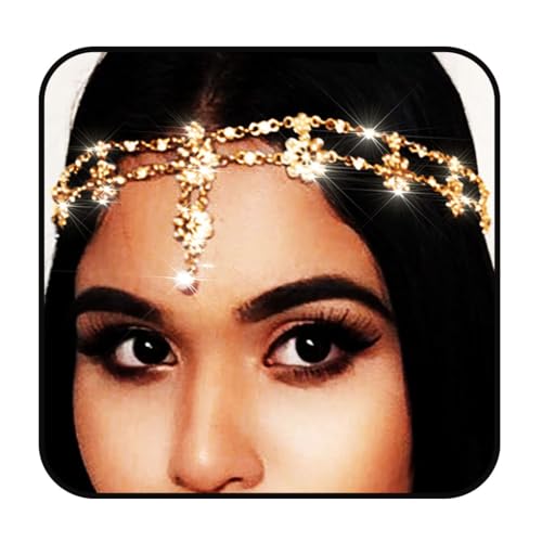 Yalice Indian Flower Head Chain Jewelry Gold Crystal Headband Elastic Goddess Headpieces Rhinestone Wedding Hair Chain Jewelry for Women(Gold-1) - Image 1