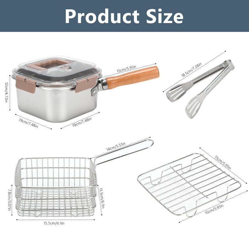 BSDLZCH Stainless Steel Deep Fryer, Square Frying Pot with Basket and Lid Portable Deep Frying Pan with Handle Oil Strainer Pot Multifunctional Deep Fryer for Frying Fish Chicken and Fries - Image 2