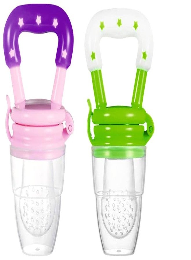 ROFORUF Silicone Fruit and Food Baby Feeder/Squeezer/Pacifier/Nibbler Feeder for Fruit and Veggie with Easy Grip Handle, Pacifier Feeder for New Born Baby 3-12 Months (Pack of 2) (Pink & Green) - Image 1