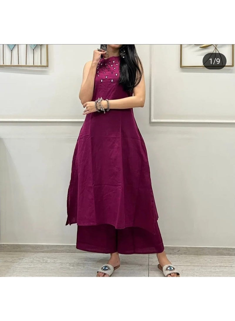 IndHeritage Premium cotton dark pink colour 2pc sleeveless co-ord Set kurti set for women - Image 1