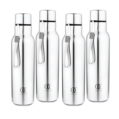 Omichef Stainless Steel sports Water Bottle, 750 ml water bottles, Single walled, Leak-Proof, Rust-free, Easy Grip, Easy to Carry, Travel Bottle, Silver (Pack Of 4) - Image 1