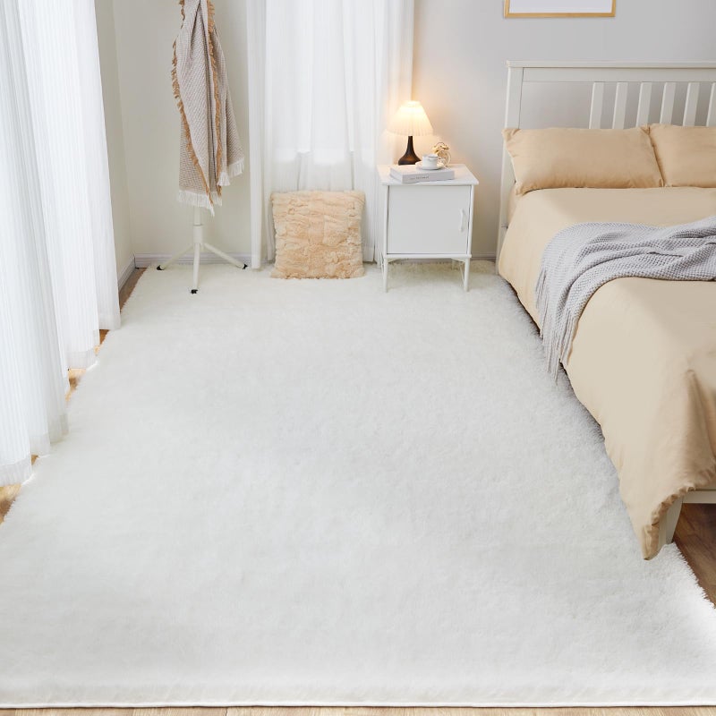 Puremy 6x9 White Area Rugs for Living Room Fluffy Shaggy Rug for Bedroom AntiSkid High Pile Indoor Carpet for Nursery Kids Room Bedside Home Decor