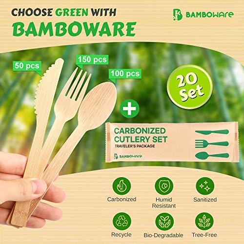 BAMBOWARE 100% Bamboo Utensils - Carbonized Disposable Cutlery Biodegradable and Sanitized - Heavy Duty & Fully Functional (Variety Pack - 360 Pieces) - Image 2
