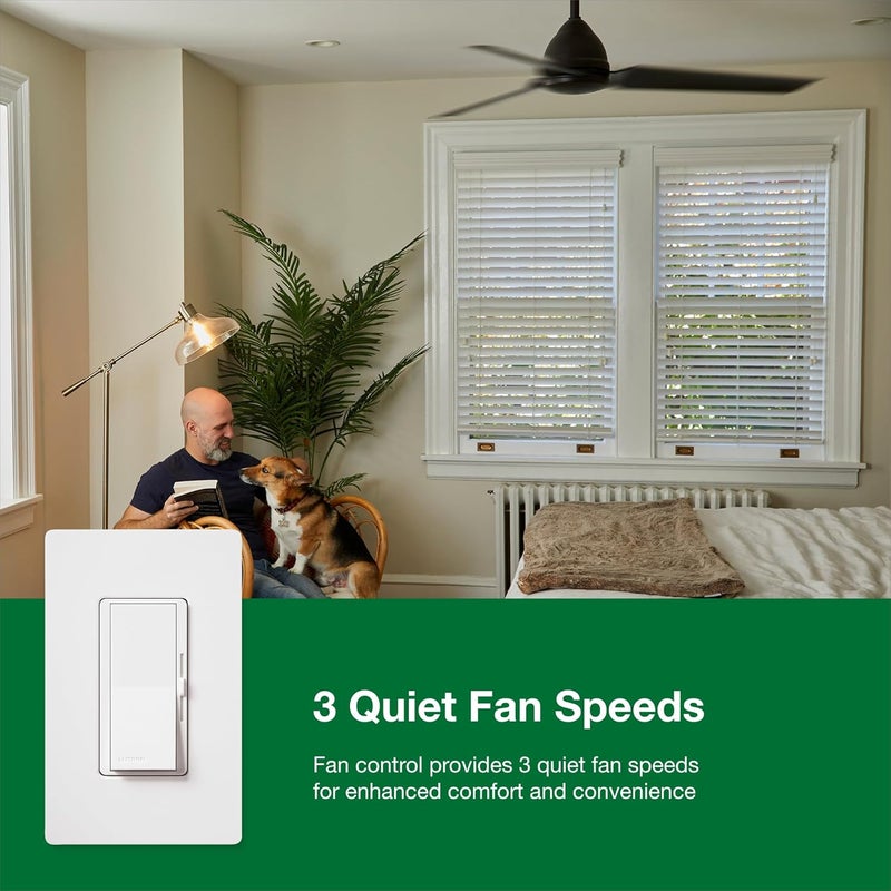 LUTRON تحكم مروحة ديفا 3 سرعات، قطب واحد/3 طرق، DVFSQ-F-WH، أبيض - Image 3