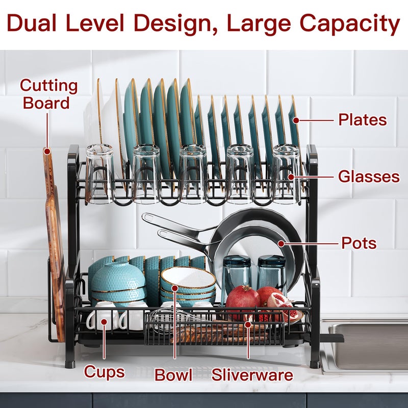 BOOSINY 2 Tier Dish Drainers Drying Rack for Kitchen Counter Large Stainless Steel Dishes Drain with Drainboard, Space Saving, Big Modern Black Countertop Metal Plates Dryer Strainer Holder and Extra Tray - Image 2