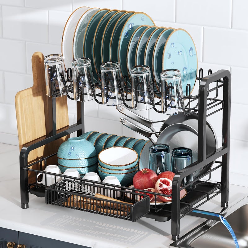BOOSINY 2 Tier Dish Drainers Drying Rack for Kitchen Counter Large Stainless Steel Dishes Drain with Drainboard, Space Saving, Big Modern Black Countertop Metal Plates Dryer Strainer Holder and Extra Tray - Image 1