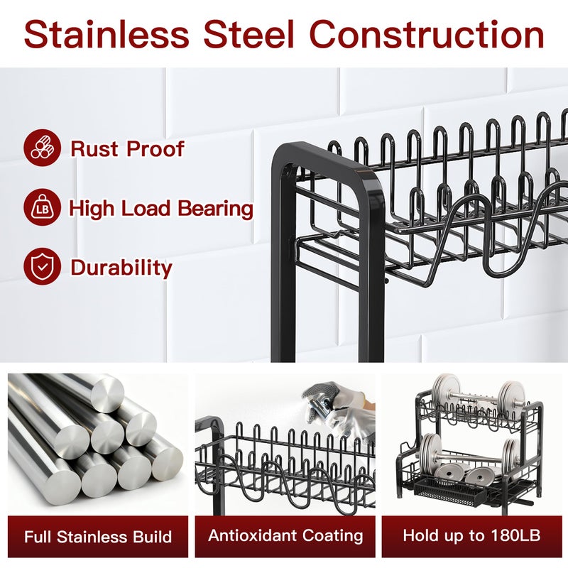 BOOSINY 2 Tier Dish Drainers Drying Rack for Kitchen Counter Large Stainless Steel Dishes Drain with Drainboard, Space Saving, Big Modern Black Countertop Metal Plates Dryer Strainer Holder and Extra Tray - Image 4