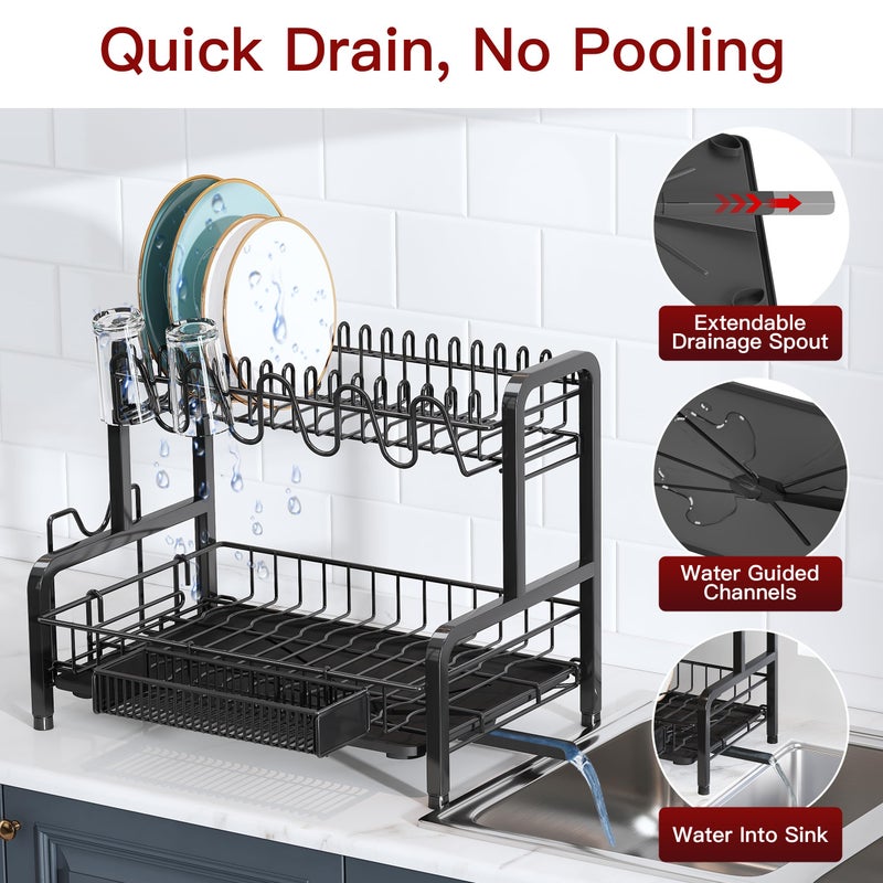 BOOSINY 2 Tier Dish Drainers Drying Rack for Kitchen Counter Large Stainless Steel Dishes Drain with Drainboard, Space Saving, Big Modern Black Countertop Metal Plates Dryer Strainer Holder and Extra Tray - Image 3