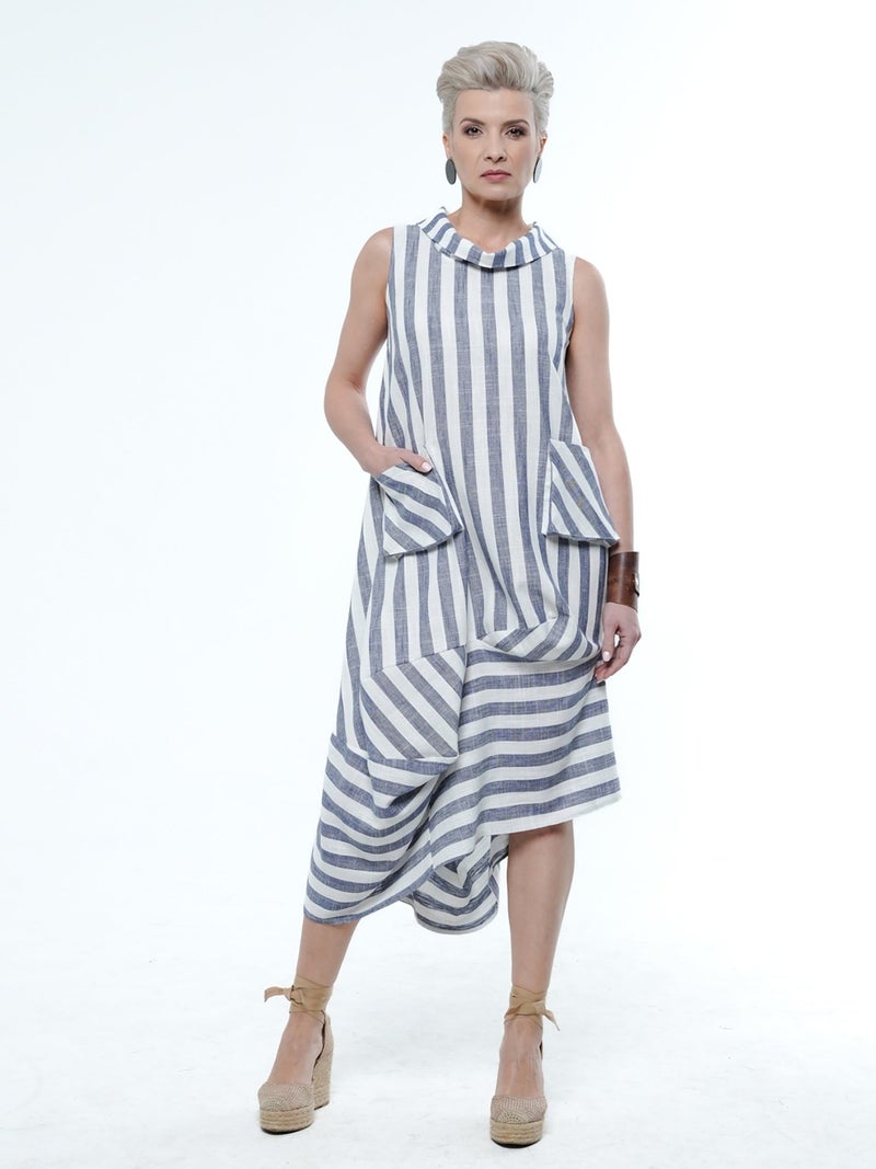Metamorphoza Asymmetrical Striped Dress With Side Pockets - Image 1