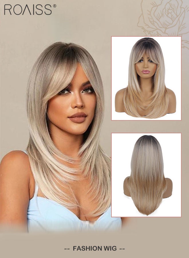 roaiss Ombre Blonde Dark Root Wig with Bangs, Middle Part Layered Hair Wig for Women Straight Synthetic Natural Heat Resistant Fiber Wig as Real Hair for Daily Wear, Party, Costume, Cosplay, 58CM - Image 1