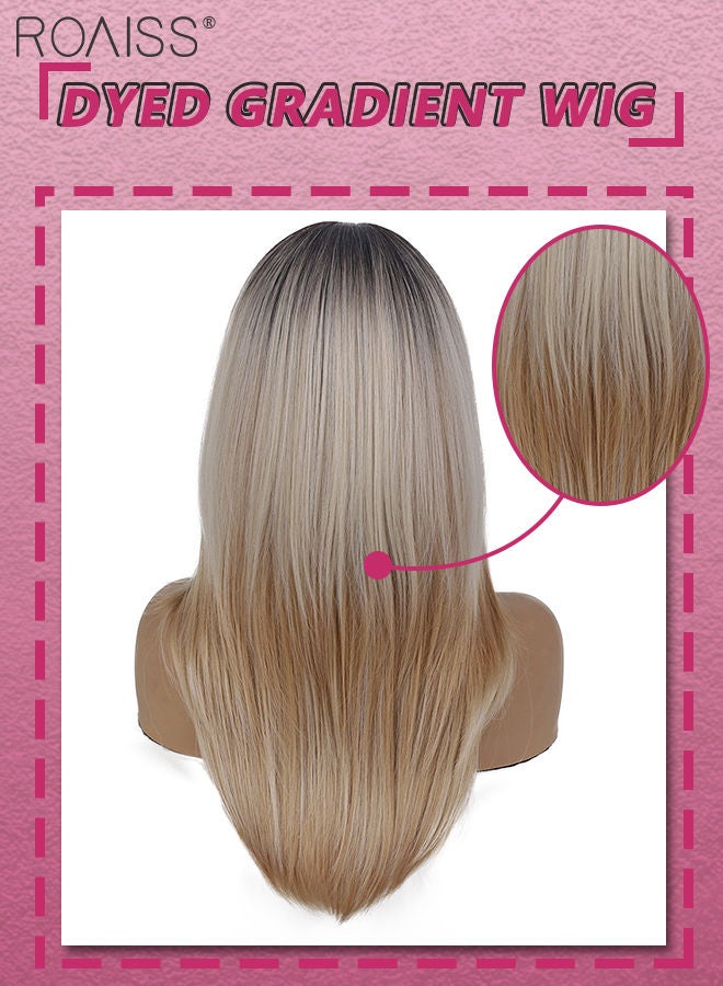 roaiss Ombre Blonde Dark Root Wig with Bangs, Middle Part Layered Hair Wig for Women Straight Synthetic Natural Heat Resistant Fiber Wig as Real Hair for Daily Wear, Party, Costume, Cosplay, 58CM - Image 2
