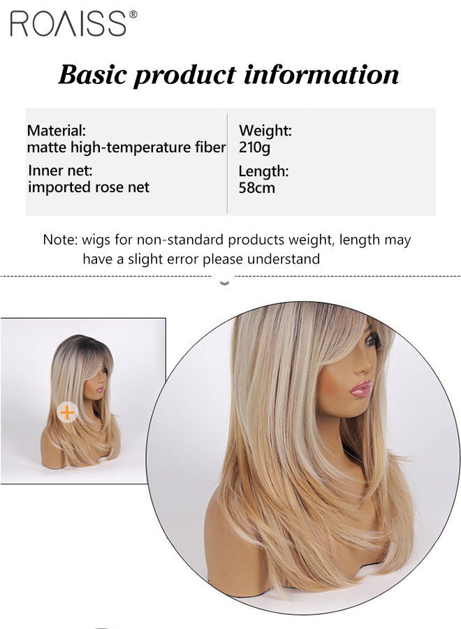 roaiss Ombre Blonde Dark Root Wig with Bangs, Middle Part Layered Hair Wig for Women Straight Synthetic Natural Heat Resistant Fiber Wig as Real Hair for Daily Wear, Party, Costume, Cosplay, 58CM - Image 4