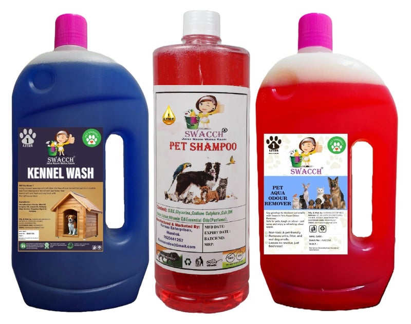 swacch Kennel Wash (Lavender) + Pet Shampoo (Strawberry) I Pet Aqua Odour Remover (Strawberry) 1 Litre Combo Pack of 3 Economical Pack I Dog and Cat Friendly - Image 1