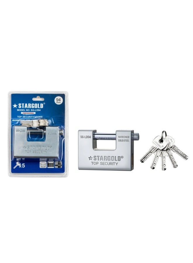 ستارجولد قفل متين 94 مم من الفولاذ الصلب المقاوم للقطع مع 5 مفاتيح، قفل مصراع فولاذي مقوى عالي الأمان للمنزل والبوابة والمرآب والمستودع والاستخدام الخارجي، SG-LD94 - Image 2