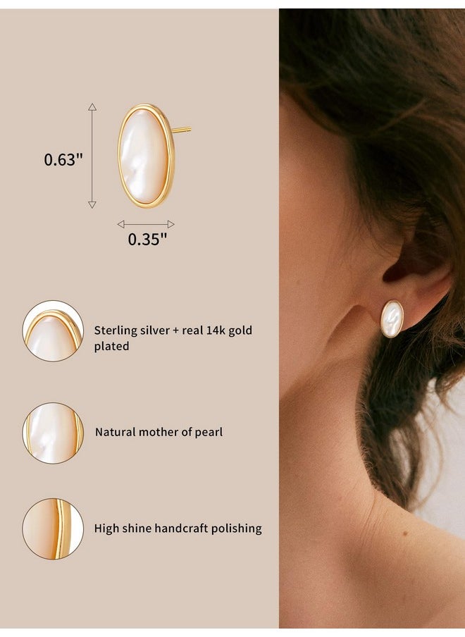 S.Leaf - Minimalism Mother Of Pearl Stud Earrings For Women Sterling Silver Round Disc Stud Earrings For Women (Oval_15Mm_Gold) - Image 1