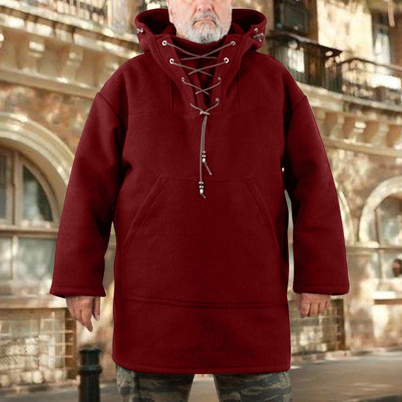 Mens Mid-Length Casual Wool Coat Sweatshirt Burgundy