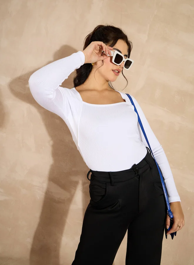 SASSAFRAS Ribbed Square Neck Long Sleeves Top