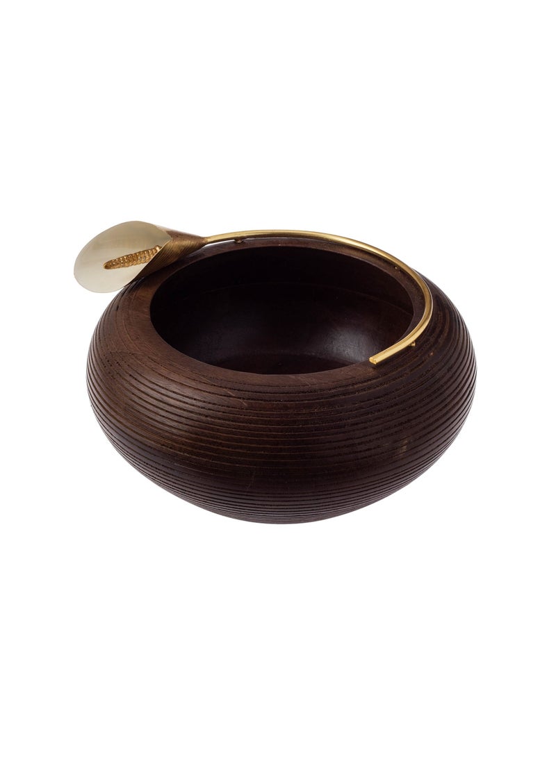Beech Wood Serving Bowl With Golden Lily Decor For Multiple Uses