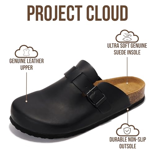 Project Cloud Mens Clogs - 100% Full Grain Genuine Leather Clogs for Men with Memory Foam Insole and Arch Support Natural Cork Footbed - Non Slip Mules Mens Slippers (Brooklyn, BLKDIS,9) - Image 3