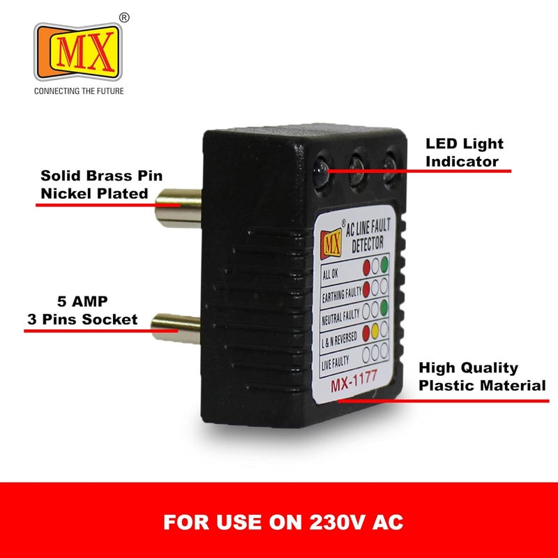 MX MX 3Pin 5AMP Socket Tester AC Electrical Line Fault Detector with RYG LED Indicator Detects Earthing Neutral Live Reversed Faults Wall Plug Safety Tester1177 PACK OF 1  - Image 3