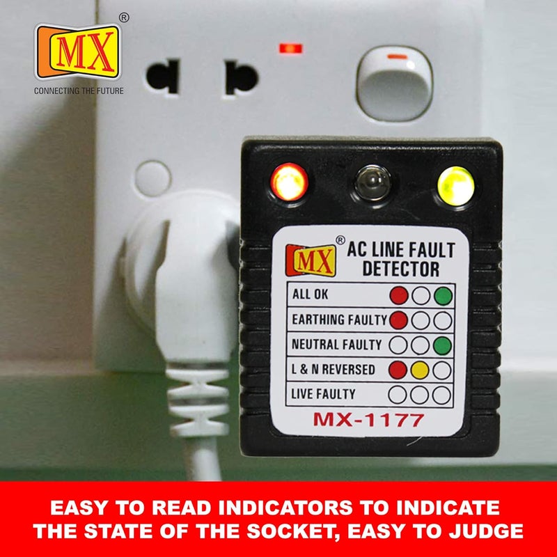 MX MX 3Pin 5AMP Socket Tester AC Electrical Line Fault Detector with RYG LED Indicator Detects Earthing Neutral Live Reversed Faults Wall Plug Safety Tester1177 PACK OF 1  - Image 4