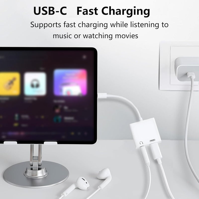 محول صوت USB-C مع مقبس سماعة 3.5 مم وموصل شحن أبيض لأجهزة iPhone وSamsung وiPad والمزيد - Image 5