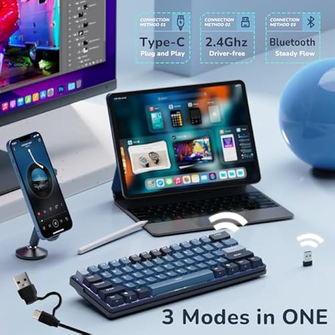 rayihni RK61 PLUS WIRELESS MECHANICAL KEYBOARD, 60% PERCENT GAMING KEYBOARD WITH BLUETOOTH/2.4G/WIRED, HOT SWAPPABLE RGB PC KEYBOARDS WITH USB HUB FOR WIN/MAC, SILENCE LINEAR SKYCYAN SWITCHES - Image 2