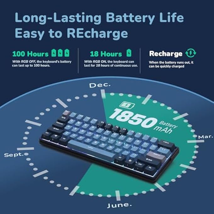 rayihni RK61 PLUS WIRELESS MECHANICAL KEYBOARD, 60% PERCENT GAMING KEYBOARD WITH BLUETOOTH/2.4G/WIRED, HOT SWAPPABLE RGB PC KEYBOARDS WITH USB HUB FOR WIN/MAC, SILENCE LINEAR SKYCYAN SWITCHES - Image 3