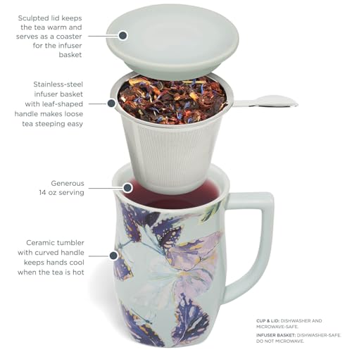 Tea Forte Ceramic Fiore Cup with Handle, Removeable Stainless Steel Infuser Basket and Lid, Steeps 14 oz Loose Leaf Tea, Dishwasher & Microwave Safe, Demoiselle - Image 4