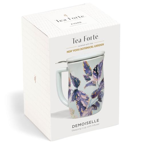 Tea Forte Ceramic Fiore Cup with Handle, Removeable Stainless Steel Infuser Basket and Lid, Steeps 14 oz Loose Leaf Tea, Dishwasher & Microwave Safe, Demoiselle - Image 2