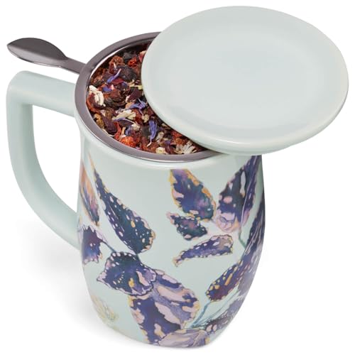 Tea Forte Ceramic Fiore Cup with Handle, Removeable Stainless Steel Infuser Basket and Lid, Steeps 14 oz Loose Leaf Tea, Dishwasher & Microwave Safe, Demoiselle - Image 3