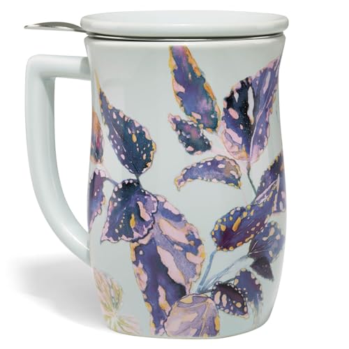 Tea Forte Ceramic Fiore Cup with Handle, Removeable Stainless Steel Infuser Basket and Lid, Steeps 14 oz Loose Leaf Tea, Dishwasher & Microwave Safe, Demoiselle - Image 1