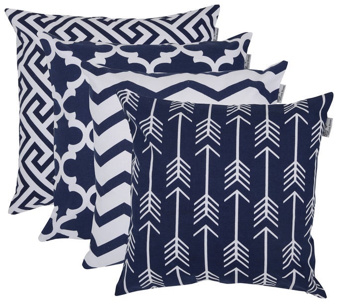 PRINTED PILLOW COVERS SET OF 4 DECORATIVE SQUARE THROW PILLOW COVER INDOOR OUTDOOR COTTON CUSHION CASES GEOMETRIC DESIGN NAVY PILLOWCASES FOR HOME SOFA BED COUCH 18 X 18 INCH