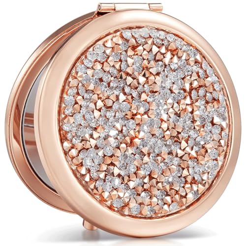 OMIRO 1X/10X Magnifying Compact Mirror, Mini Mix Diamond Metal Pocket Makeup Mirror (Rose Gold) - Image 1