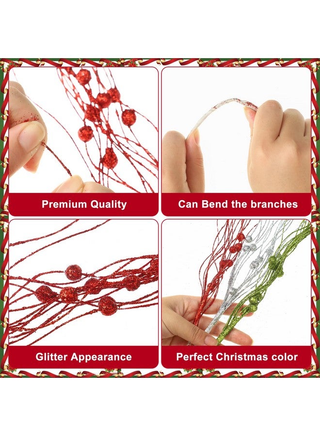 peony man 45 Pcs Christmas Glitter Berry Stems 16.9 Inch Artificial Curly Berry Stems Decorative Glittery Twigs Sticks Branches Ornaments for Xmas Tree Vase DIY Wreath Crafts Home Decor (Red, Green, Silver)  - Image 3