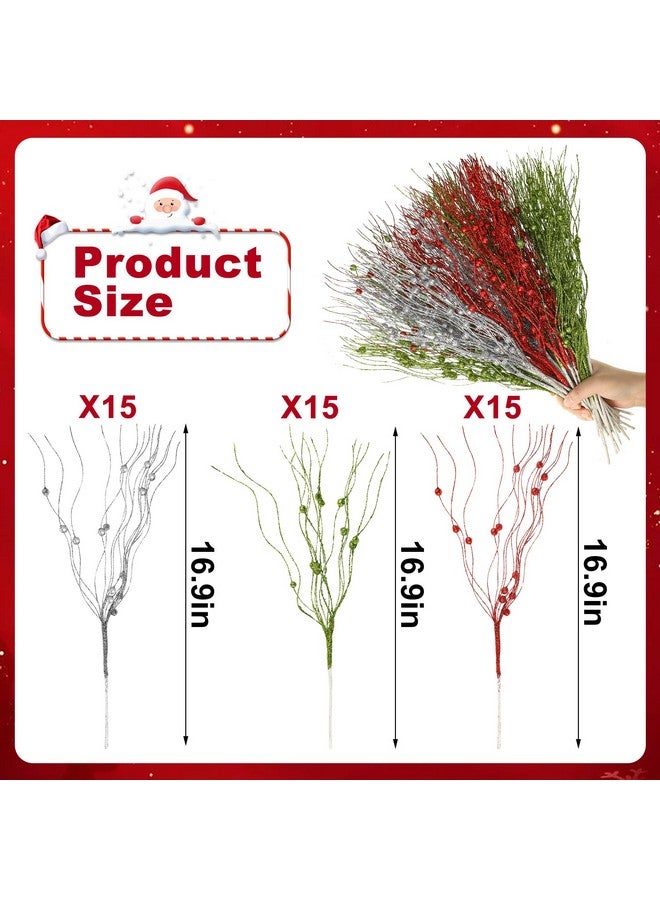 peony man 45 Pcs Christmas Glitter Berry Stems 16.9 Inch Artificial Curly Berry Stems Decorative Glittery Twigs Sticks Branches Ornaments for Xmas Tree Vase DIY Wreath Crafts Home Decor (Red, Green, Silver)  - Image 2