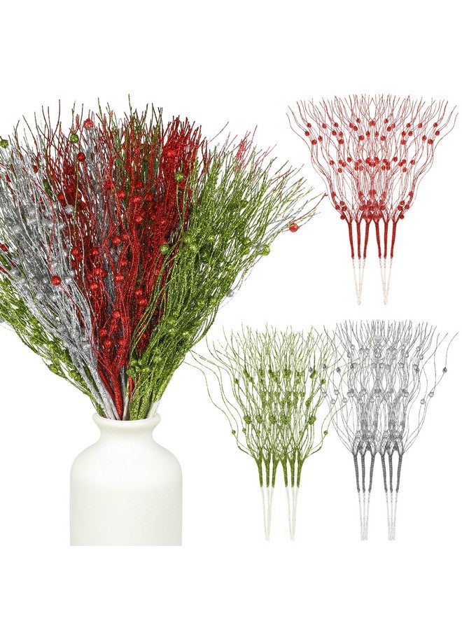 peony man 45 Pcs Christmas Glitter Berry Stems 16.9 Inch Artificial Curly Berry Stems Decorative Glittery Twigs Sticks Branches Ornaments for Xmas Tree Vase DIY Wreath Crafts Home Decor (Red, Green, Silver)  - Image 1