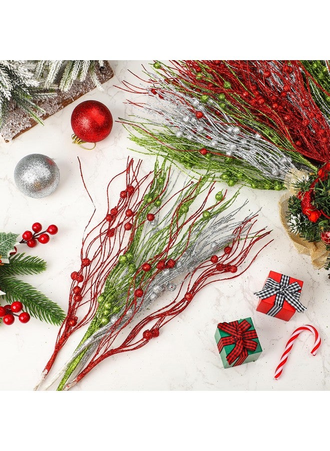 peony man 45 Pcs Christmas Glitter Berry Stems 16.9 Inch Artificial Curly Berry Stems Decorative Glittery Twigs Sticks Branches Ornaments for Xmas Tree Vase DIY Wreath Crafts Home Decor (Red, Green, Silver)  - Image 4