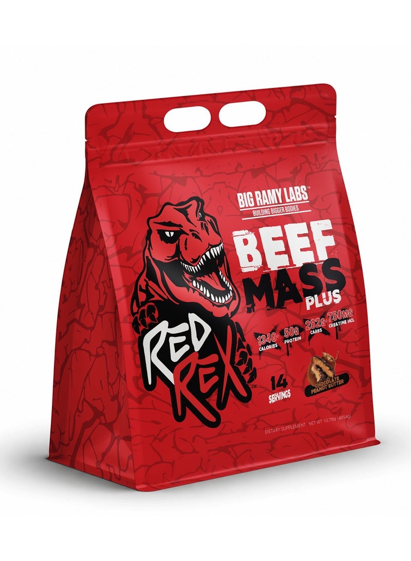 RED REX Beef Mass Plus Gainer Powder - Chocolate Peanut Butter Flavor - 10.7lb (4.85kg) - 50 g Protein Per Serving - 14 Servings - Image 1