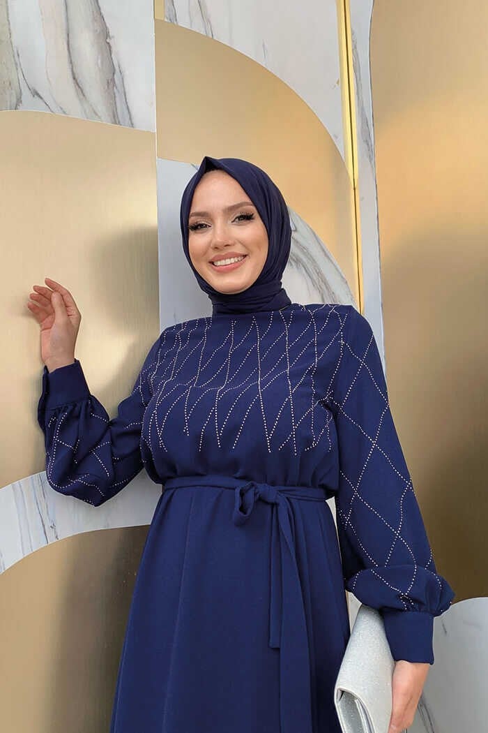 Bym Fashion Bym Stone Embroidered Belted Dress 3830 Navy Blue - Image 4