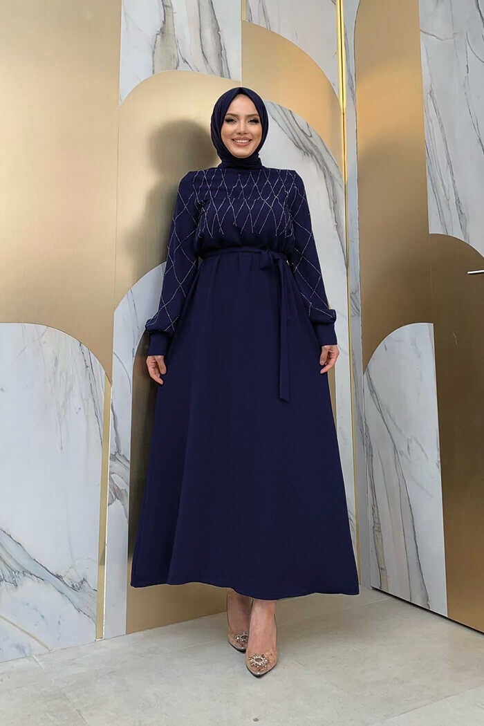 Bym Fashion Bym Stone Embroidered Belted Dress 3830 Navy Blue - Image 1