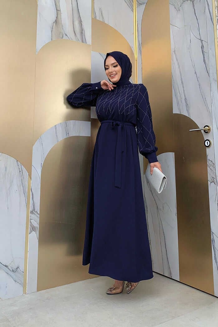 Bym Fashion Bym Stone Embroidered Belted Dress 3830 Navy Blue - Image 2
