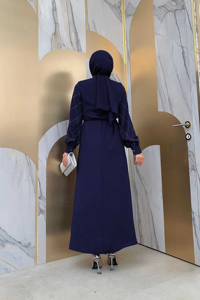 Bym Fashion Bym Stone Embroidered Belted Dress 3830 Navy Blue - Image 3