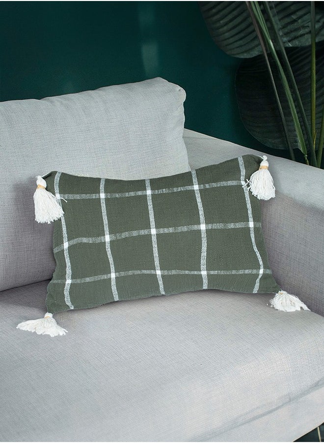 N & H Jute and Cotton Woven Designer Pillow 14 x 20 with Tassle for Living Room, Bedroom, Home Décor (Olive Green, Checkered Pattern)  - Image 1